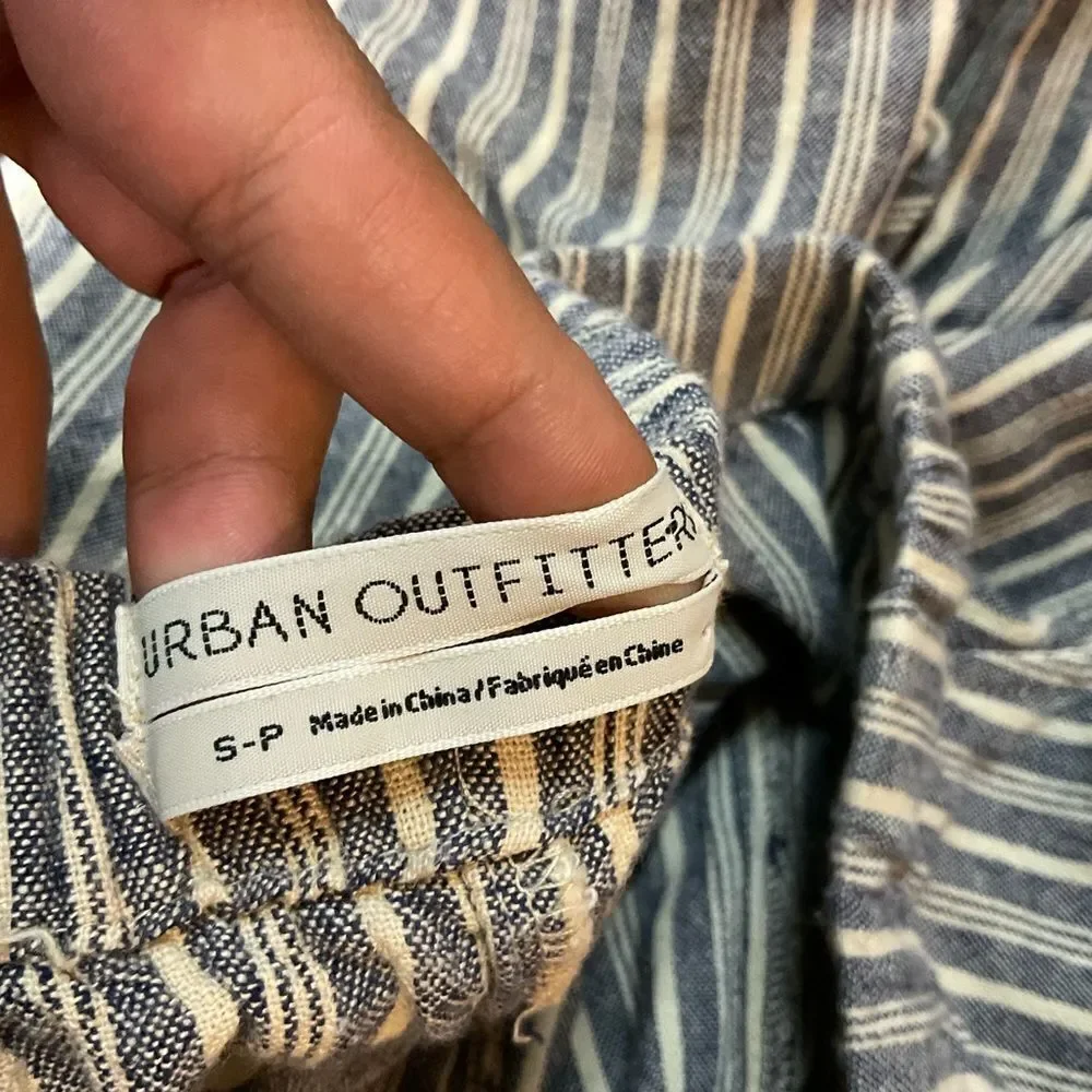 Urban Outfitters Y2K Stripes Blue Linen Drawstring Pull On Cropped Pants S